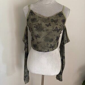 Thorn & Fable Green Butterfly Mesh Cold Shoulder Top Sz XL Goth Fairy Whimsy